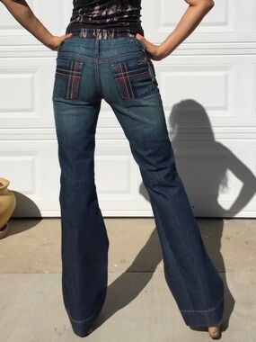 Fidelity Dark Blue Flare Jeans with Plaid Pocket Accents